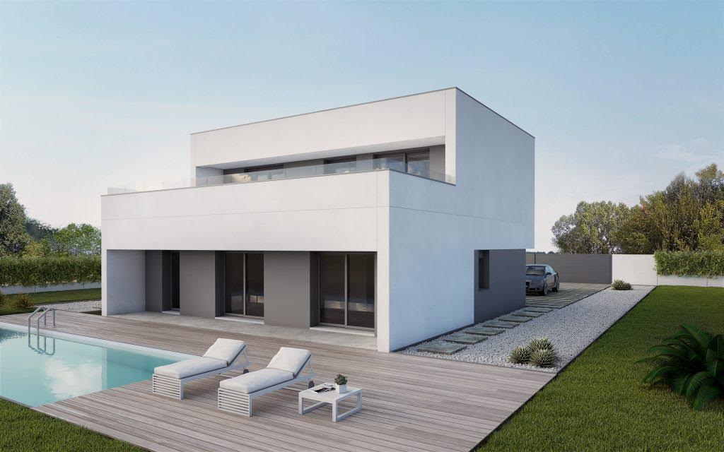 Vivienda cúbica de hormigón con piscina, fabricada por Mod Proyect